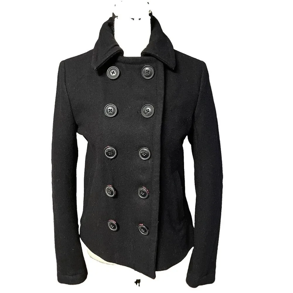 Superdry The Rookie Peacoat Jacket Black Wool Blend Double Breasted Women S